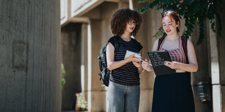 Students engaging in collaborative learning and discussing ideas outdoors at a courtyardの写真素材