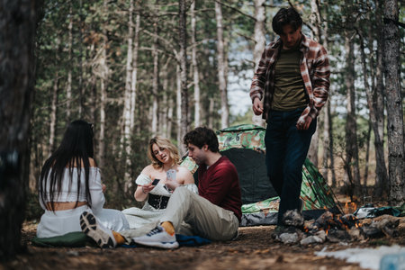 Group of friends enjoying camping and nature outdoors around a campfireの写真素材