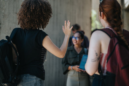 Group of students and professor interacting in a school courtyard setting
