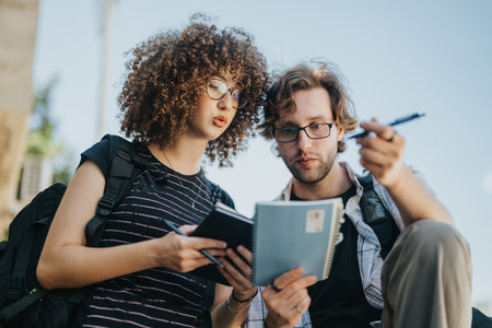 Students discussing notes together in a school courtyard outdoorsの写真素材