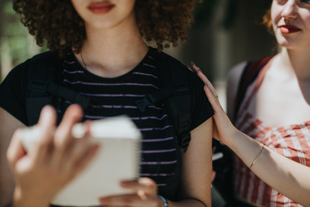 Students interacting with their professor in a school courtyard settingの写真素材