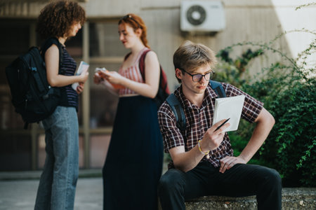 Students engaged in reading and discussion in an outdoor campus settingの写真素材