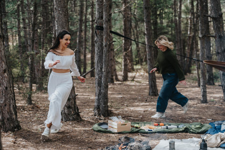 Two friends enjoying a playful moment in a serene forest setting