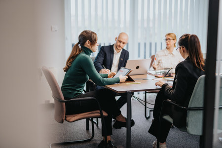Team collaboration in a modern office environment, discussing strategies and ideas around a tableの写真素材