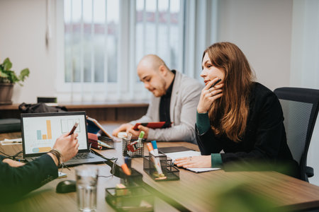 Business people discuss ideas during an office meeting with charts and notesの写真素材