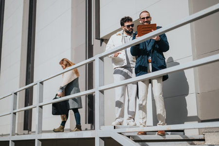 Two men collaborating outside using a tablet while a woman walks nearbyの写真素材