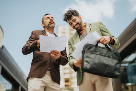 Two businessmen laughing while discussing documents outdoors on a sunny dayの写真素材