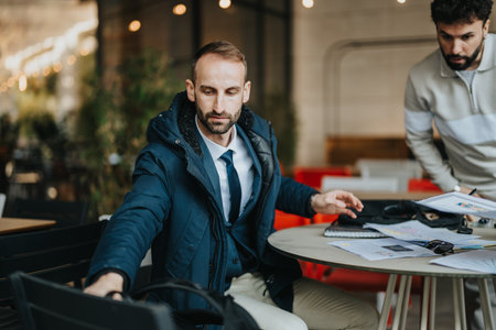 Business colleagues collaborating at a casual meeting in a modern workspaceの写真素材