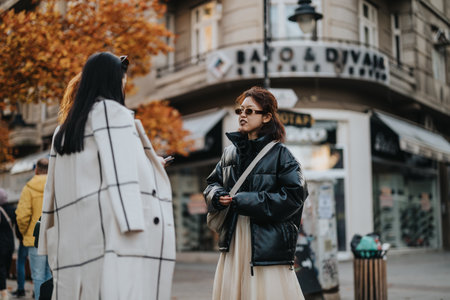 Women chatting on a city street during the autumn seasonの写真素材