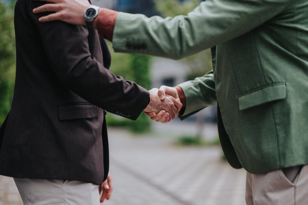 Close-up of two people shaking hands outdoors in a professional setting