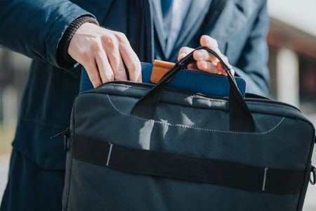 Person placing an item into a black bag outdoorsの写真素材
