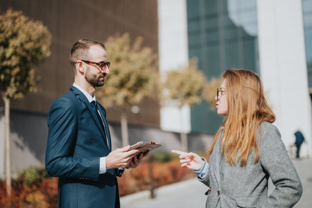 Two Business Professionals Engaging in a Discussion Outdoors During the Dayの写真素材