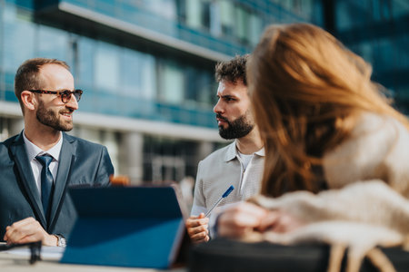 Group of professionals discussing ideas outdoors in an urban settingの写真素材