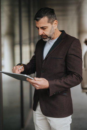 Businessman reviewing documents on a tablet device outdoors in a casual setting