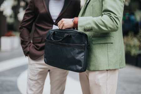 Two stylish individuals holding a sleek black briefcase while discussing work outdoorsの写真素材