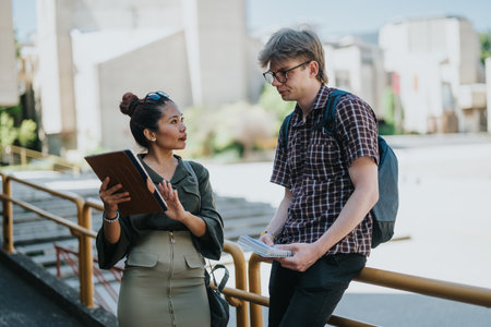 Professor discussing with a student in a courtyard settingの写真素材