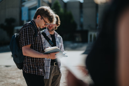 Students discussing notes outdoors in a school courtyard on a sunny dayの写真素材