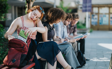 Group of students studying together outdoors on a bright sunny dayの写真素材