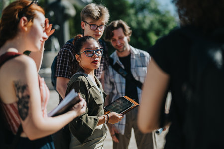Group of students discussing outdoors in a sunny courtyard settingの写真素材