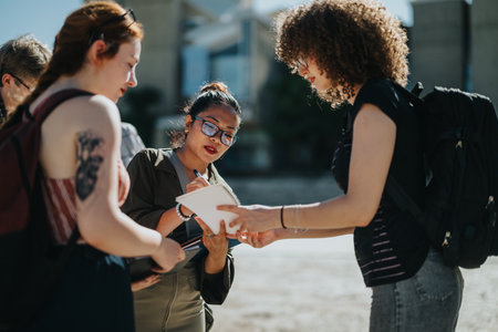 Group of students collaborating outdoors in a sunny school courtyardの写真素材