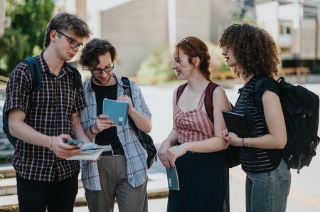 Group of students outside school discussing and taking notes on a sunny dayの写真素材