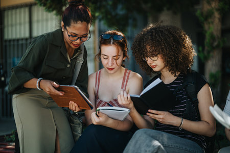 Diverse students studying together outdoors with learning materials in sunny weatherの写真素材