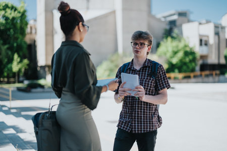 Two people having a discussion outdoors on a sunny dayの写真素材
