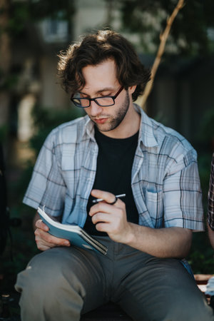 Young man writing notes outdoors in a sunny courtyard settingの写真素材