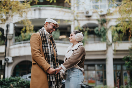 Happy couple enjoying a winter day outdoors in a city settingの写真素材