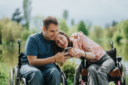 Happy people sharing a joyful moment using a smart phone in a natural outdoor setting, both seated in wheelchairs, showing a loving and supportive bondの写真素材