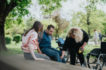 Group of individuals supporting each other in a peaceful outdoor settingの写真素材