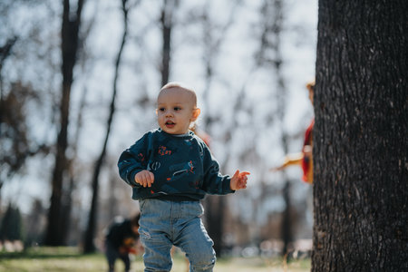 Young child playing outdoors in a park on a sunny dayの写真素材