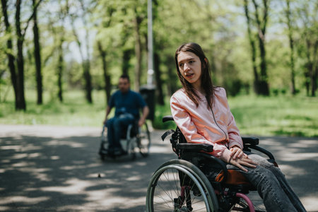 Friends in wheelchairs enjoying a together day outdoors in a green parkの写真素材
