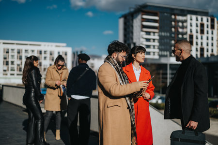 Young professionals engaging in discussions outdoors in an urban settingの写真素材
