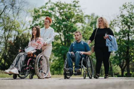 Family enjoying a sunny day outdoors with wheelchairs symbolizing inclusivity and careの写真素材