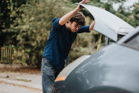 Young man inspecting car engine on a quiet roadの写真素材