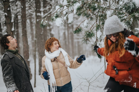Cheerful Friends Enjoying a Winters Day in a Snowy Forestの写真素材