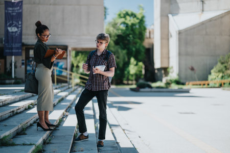 Two students discussing notes outdoors on a sunny day in a courtyardの写真素材