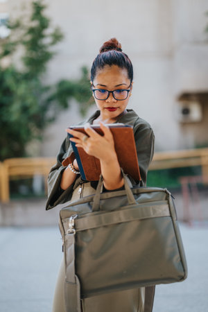 Confident professional woman with notepad and bag in an outdoor courtyardの写真素材