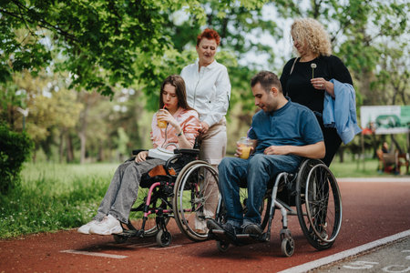 Group of friends enjoying time together in a park settingの写真素材