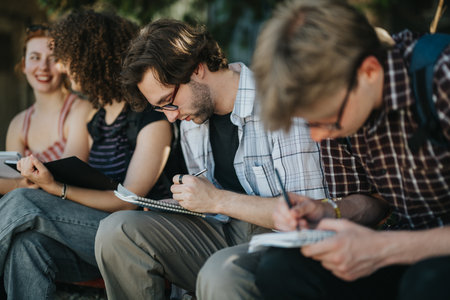 Group of students working together outside on a sunny dayの写真素材