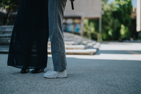 Two students standing outdoors on a sunny day in a campus courtyardの写真素材