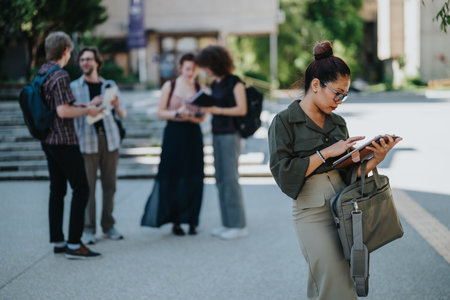 Student outdoors in sunny campus courtyard discussing and working togetherの写真素材