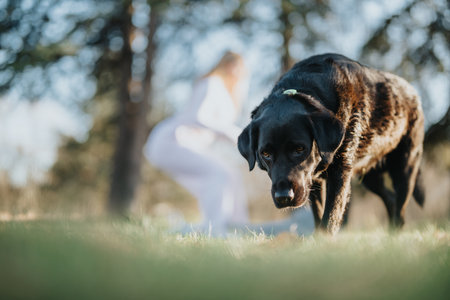 Black Labrador dog exploring a park with a blurred background of nature and a personの写真素材