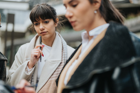 Group of Young Women Collaborating Outdoors in a Professional Settingの写真素材