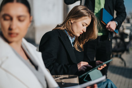 Young people collaborating on a project during an outdoor meeting in the cityの写真素材