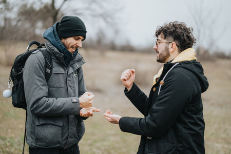 Two friends enjoying a fun rock-paper-scissors game outdoors in natureの写真素材