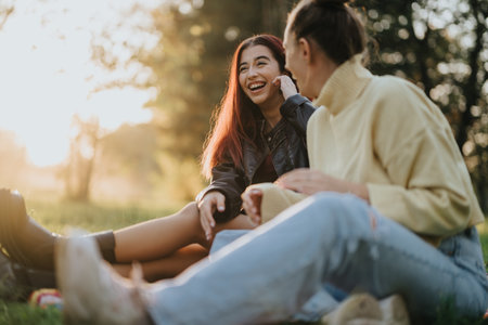 Two joyful young women enjoying a sunny day outdoors together