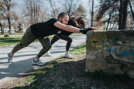 Two teenagers practicing outdoor fitness exercises by pushing against a wall in a park environment
