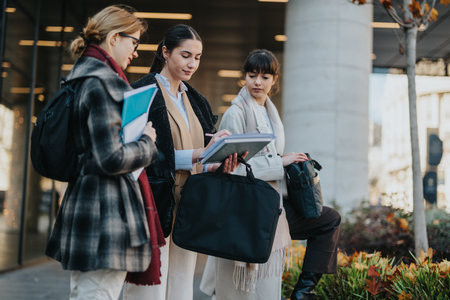 Three Businesswomen Collaborating Together Outdoors in an Urban Settingの写真素材